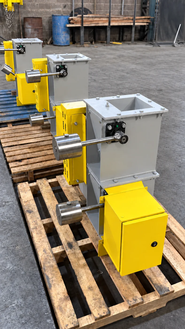 Gray double-flap valves with metal counterweights and yellow guards, lined up on pallets at the factory