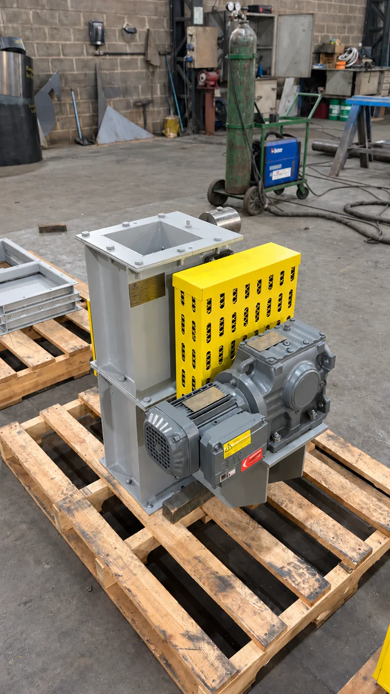 View of double-flap valve with gray gearmotor, perforated yellow guard, and square top opening